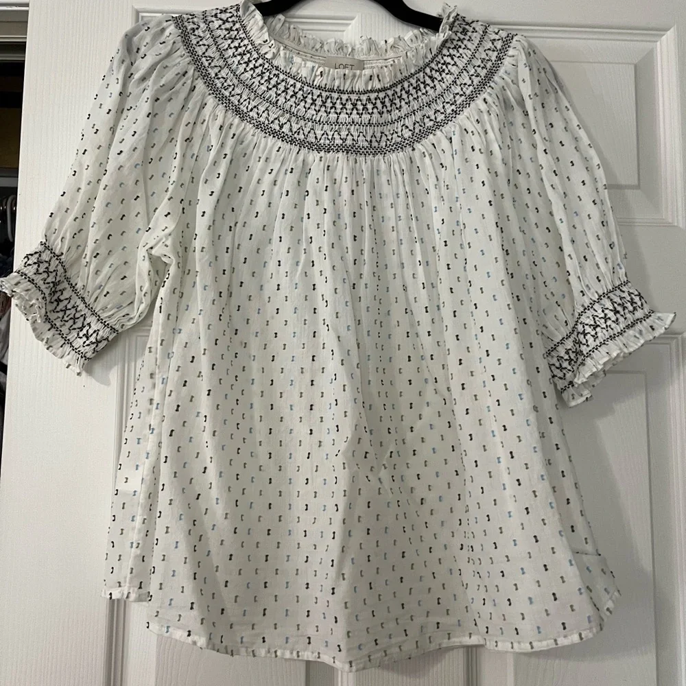 Loft White Smocked Peasant Top - Picture 1 of 4